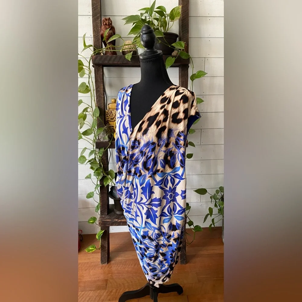 Nine West: Blue V Neck Mixed Animal and Floral Print Dress
